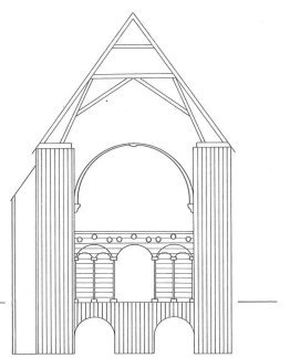 Gereconstrueerde doorsnee over het koor van de eerste kerk, ter hoogte van het doxaal.